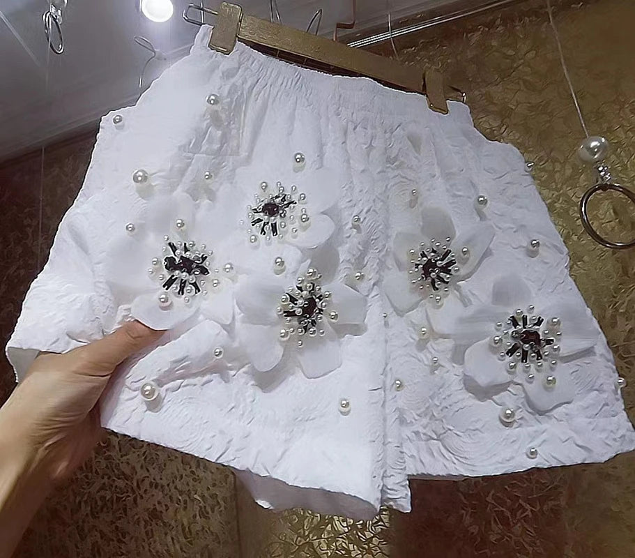 Pearl Beaded Three Dimensional Floral Embroidered Wide Leg Shorts for Women