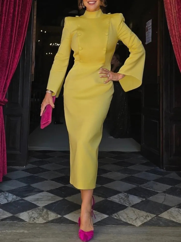 Yeezzi Urban Female Stand Collar Formal Office Dress 2025 New Spring Flared Sleeves Fashion Buttoned High Waisted Midi Dresses