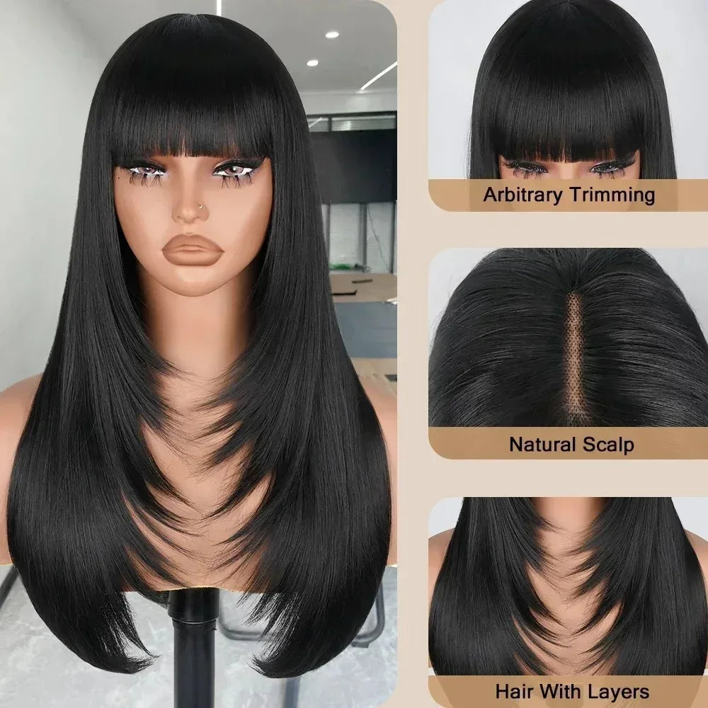 Natural Straight Layered Lace Front Wig With Bangs for Women