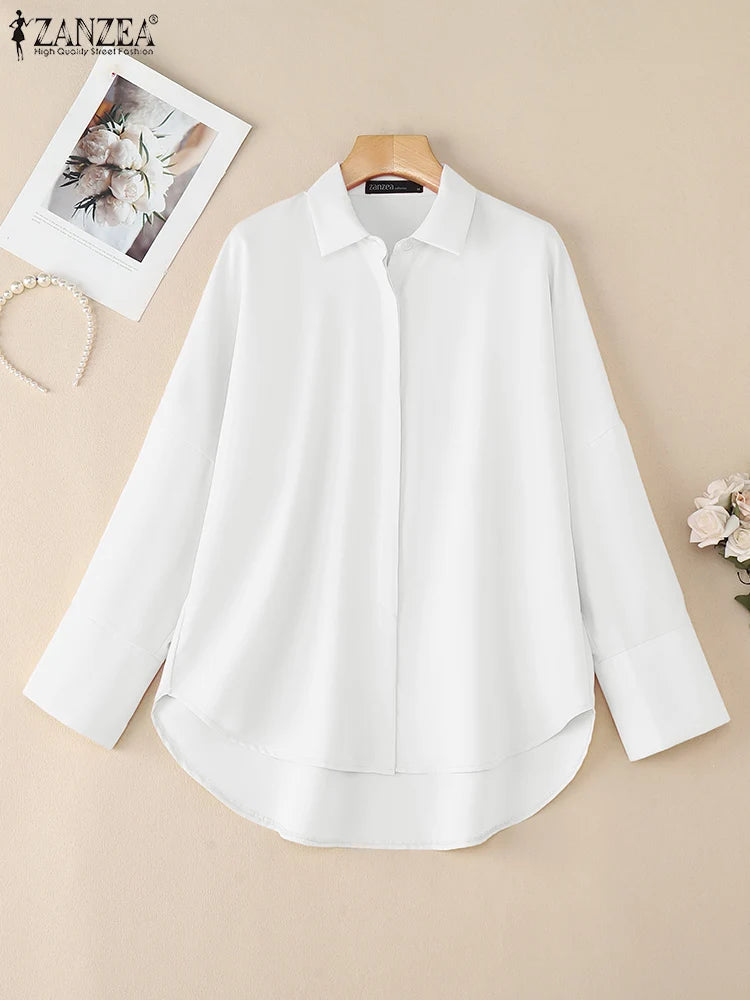 Oversized White Long Sleeve Button Up Blouse for Women