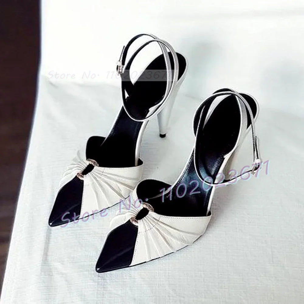 Pointy Metal Ring White Sandals Women Mixed Color Spike High Heels Elegant Work Shoes Office Lady 2023 Summer Bow knot Shoes