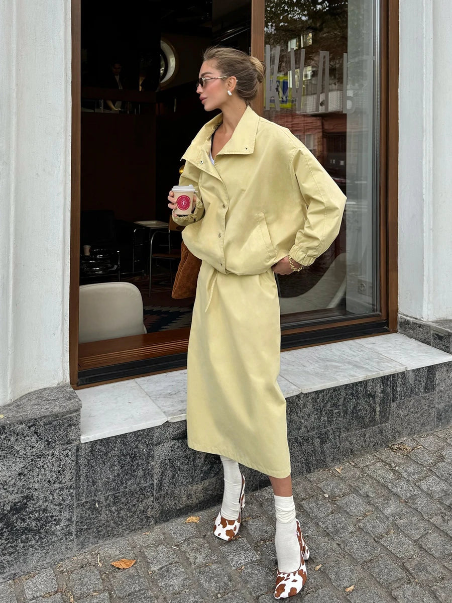 Elegant Button Front Two Piece Skirt Set For Women