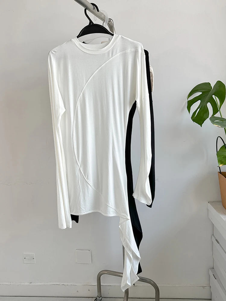 [EAM] Women White Irregular Hem Elegant Long Slim T-shirt New Round Neck Long Sleeve Fashion Tide Spring Autumn 2025 1DJ0097