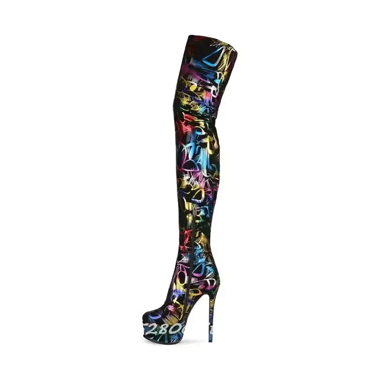 Colorful Graffiti Print Thigh High Platform Boots for Women