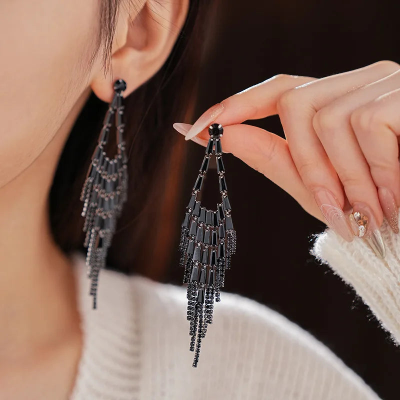 Geometric Rhinestone Fringe Earrings