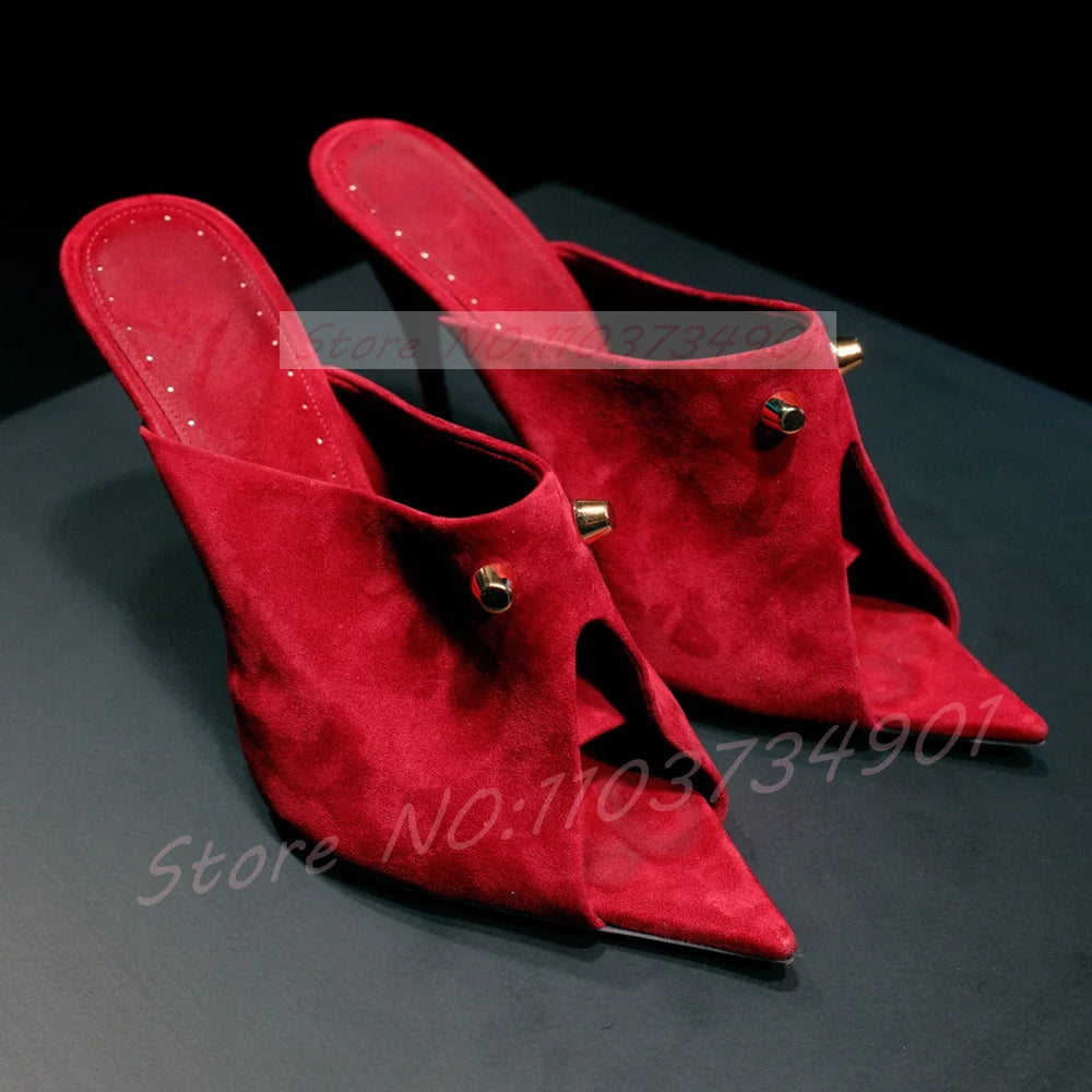 Red Suede Pointed Toe Rivet High Heel Mules for Women