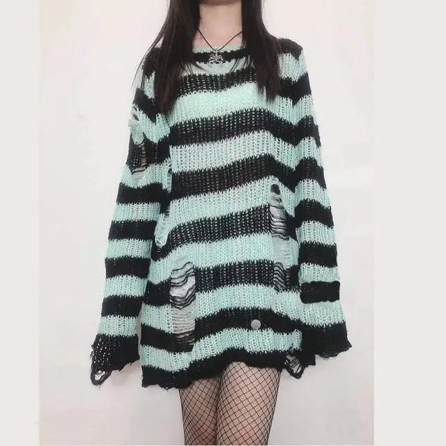 Karrram Punk Gothic Sweater Emo Tops E-girls Mall Goth Pullovers Y2k Harajuku Grunge Clothes Alt Dark Aesthetic Striped Jumpers