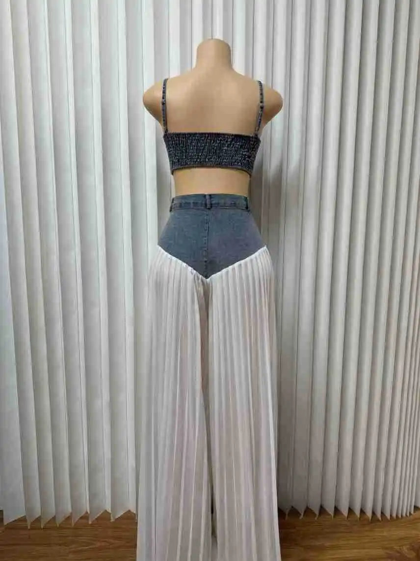 Casual Patchwork Wide Leg Denim Tracksuit Set for Women