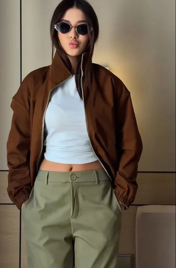 Loose Fit Zip-Up Track Jacket and Pants Set for Women