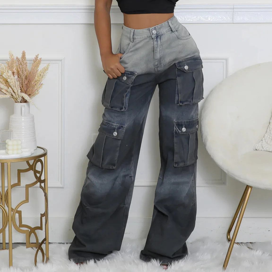 FAGADOER Fashion Gradient Denim Wide Leg Pants Women Summer New Cargo Pocket Patchwork Pants Female Streetwear Bottoms 2025