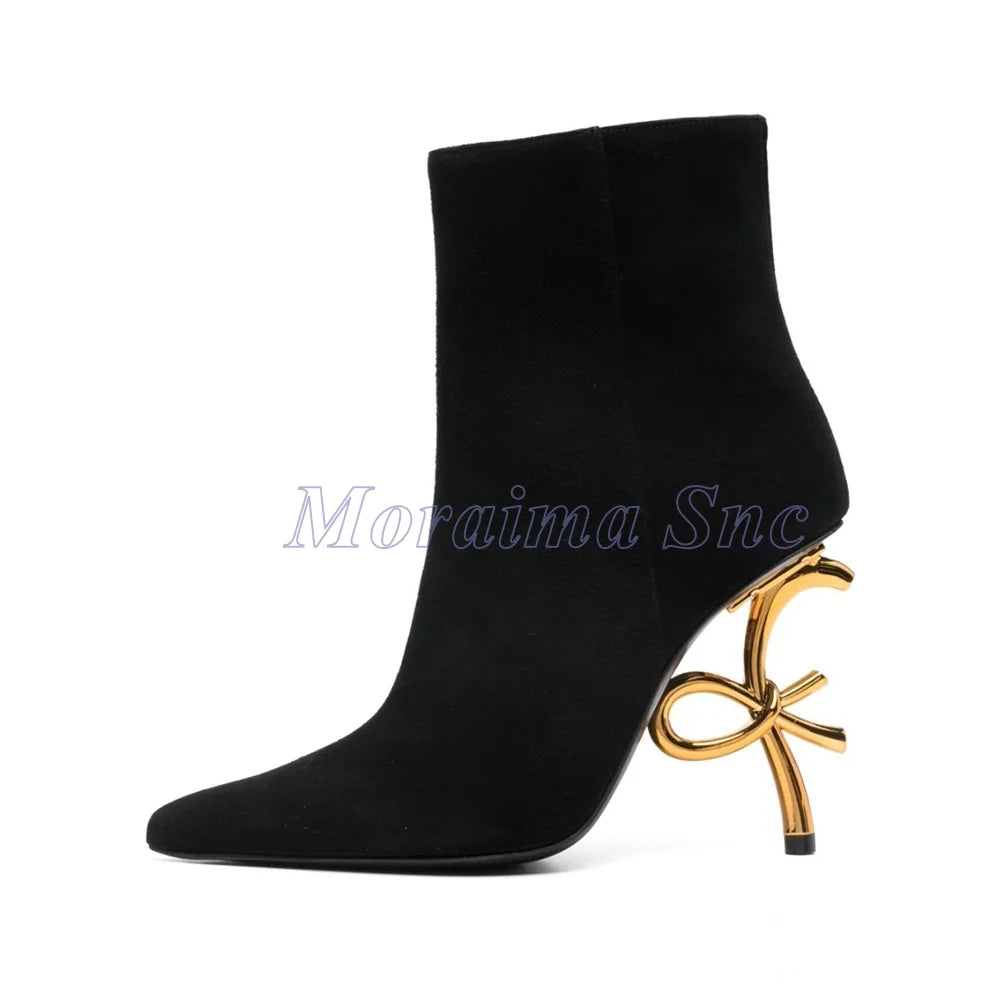 High Heel Pointed Toe Suede Ankle Boots Metal Decoration For Women