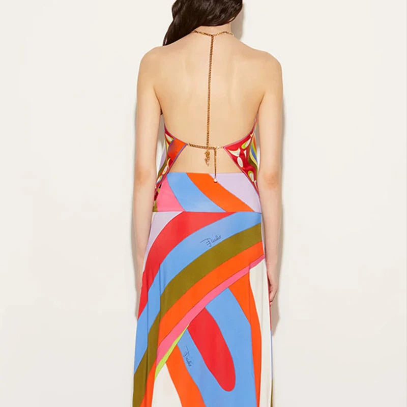 New 2025 Vacation Hollow Sleeveless Bohemian Shirt Chain Halter Pleated Club T-shirts Satin Print Slim Fit Women's Top Blouses