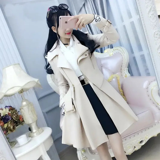2025 Spring and Autumn Women's Windbreaker Beige British Trench Coat Mid Length Long Sleeved Fashionable Clothing
