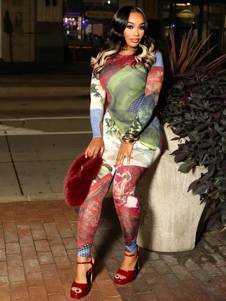 Colorful Patchwork Long Sleeve Jumpsuit Outfit for Women