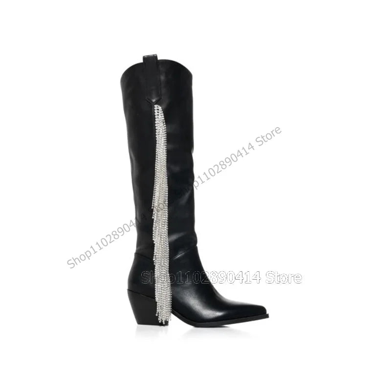 Crystal Tassel Black Leather Pointed Toe Knee High Boots Chunky Heels For Women