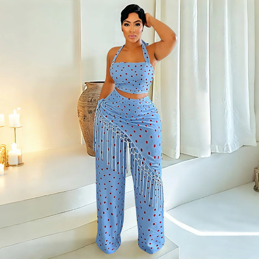 Polka Dot Halter Crop Top And Fringe Pants