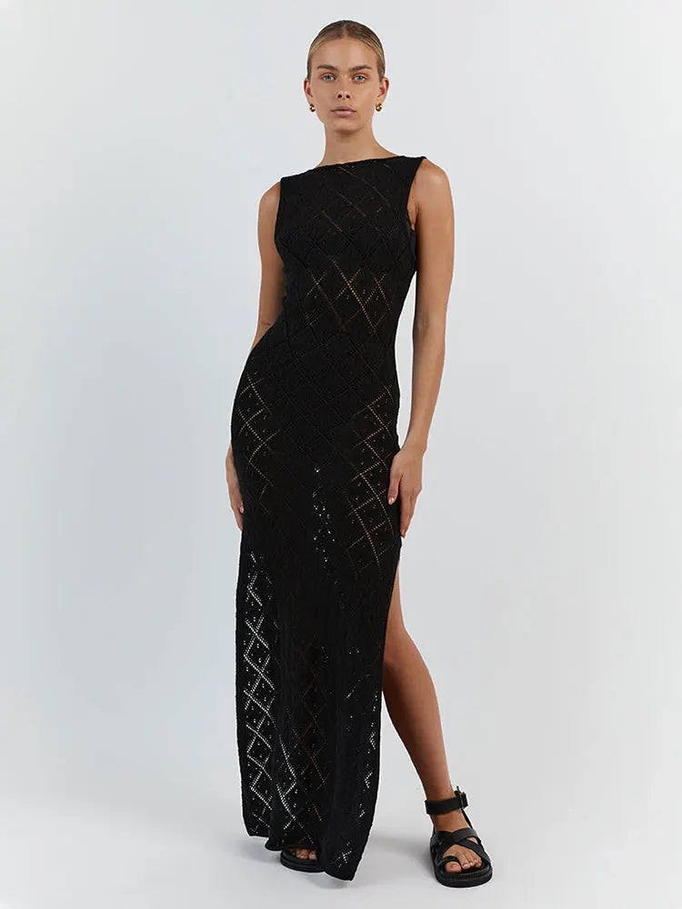 Sexy Cut Out Slit Knit Mesh Swimsuit Cover Up Pareo Tunic 2025 Summer Beach Maxi Dress Bikini Cover-ups Women Beachwear A2318