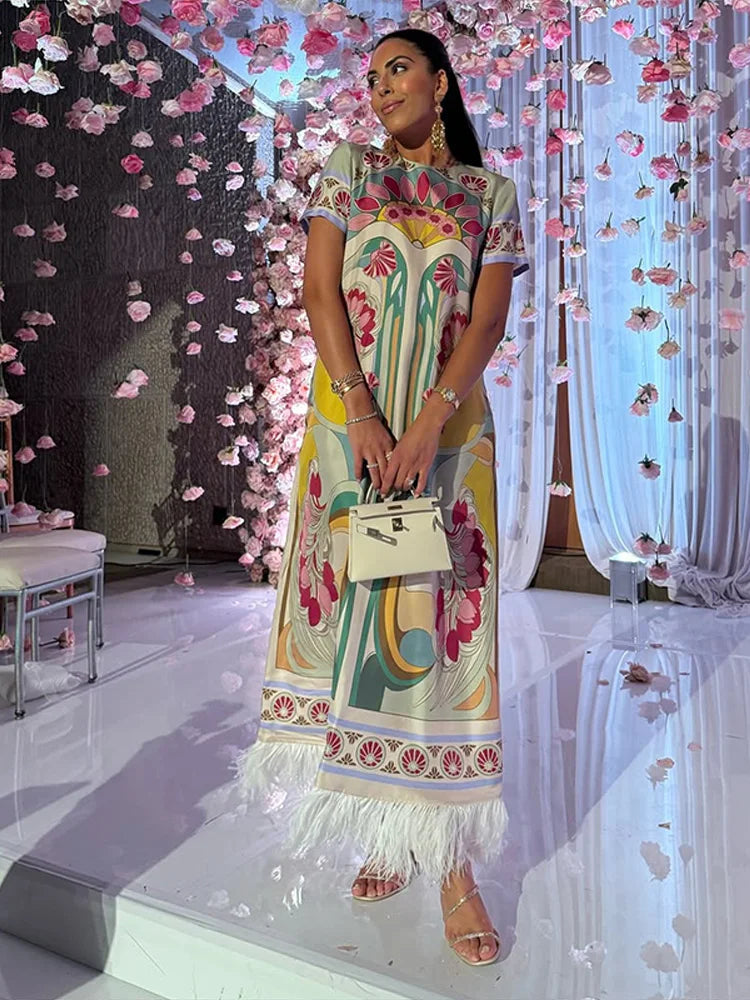 Elegant Floral Print Feather Hem Maxi Dress For Women