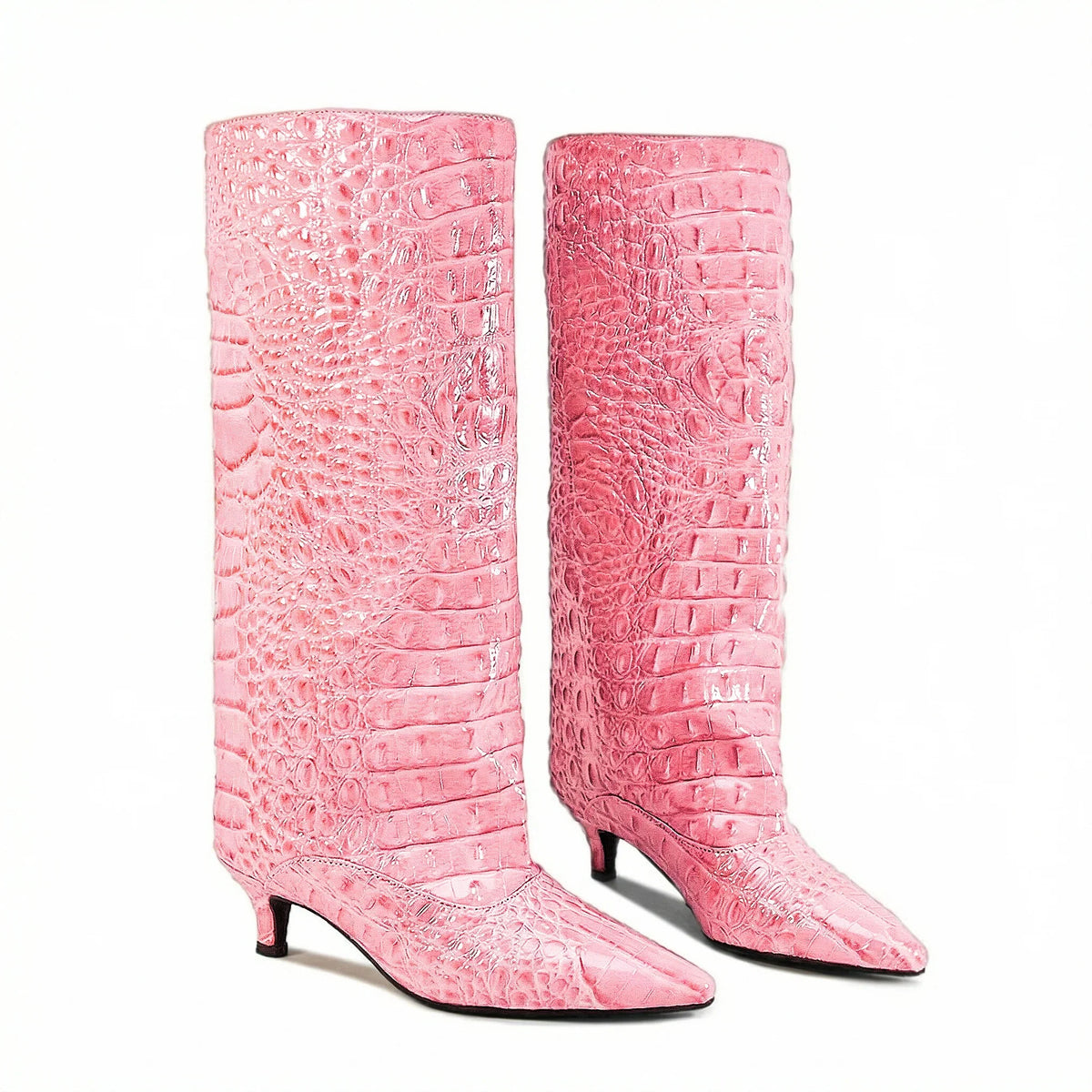 Crocodile Print Wide Shaft Kitten Heel Knee High Boots for Women