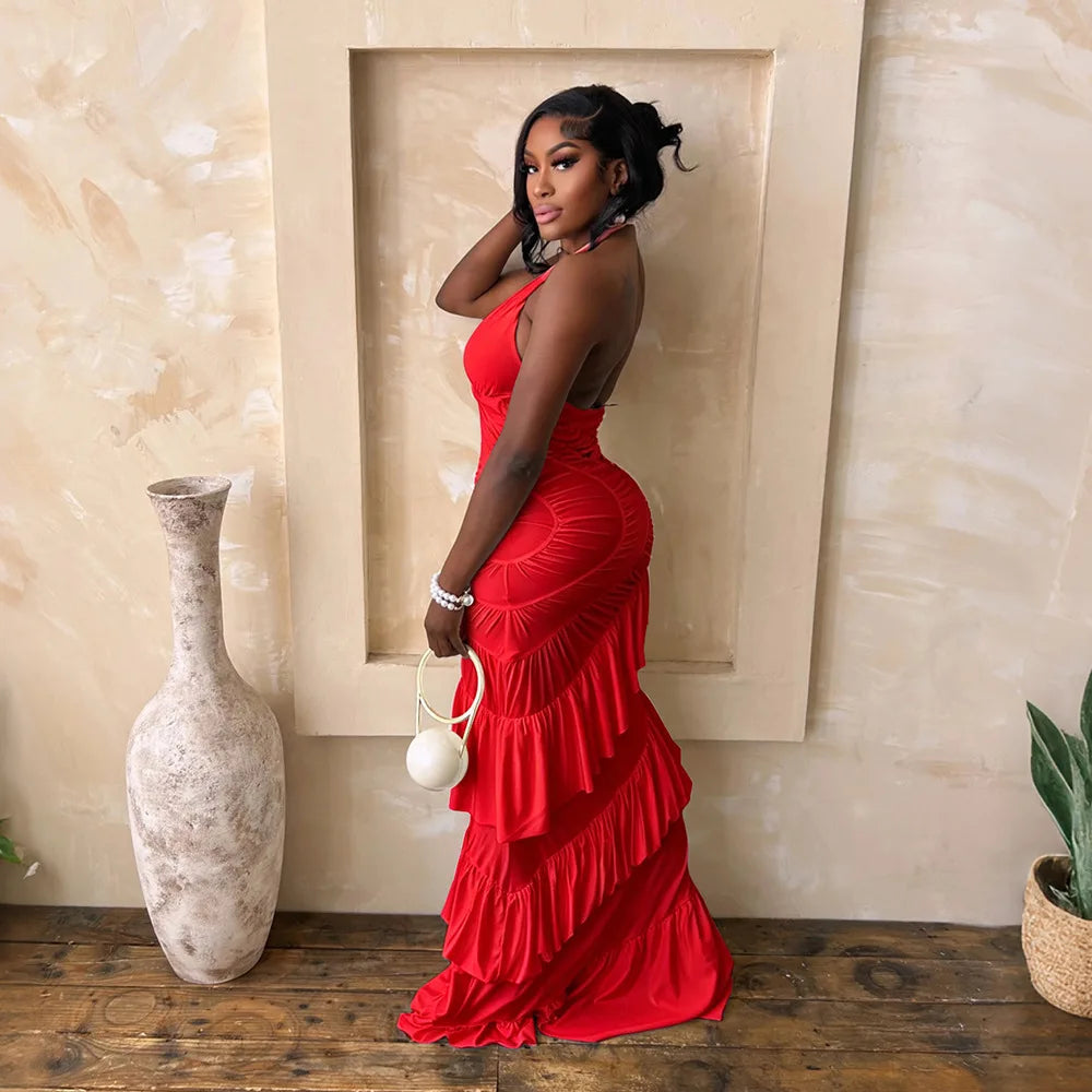 Halter Neck Ruched Satin Mermaid Evening Dress for Women
