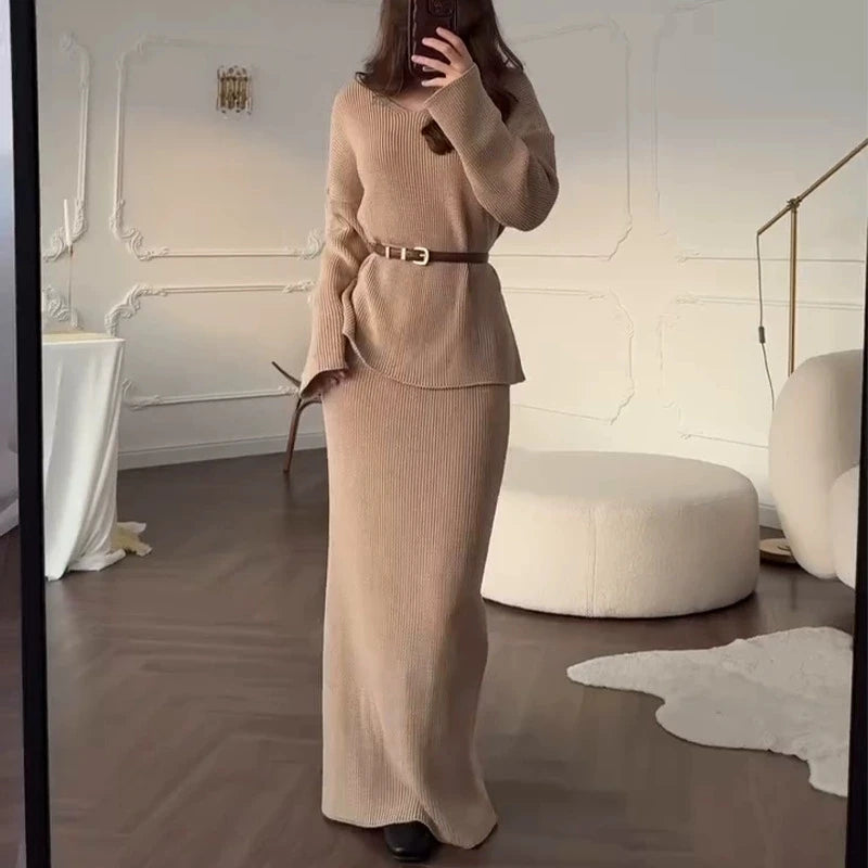 2025 autumn and winter new solid color V-neck women's top slim fit close to the buttocks long skirt+gentle sweater set