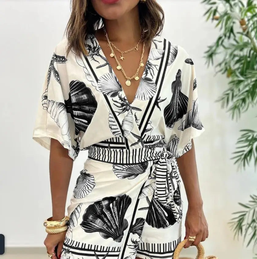 Seashell Starfish Print Wrap V Neck Short Sleeve Lace Up Romper for Women