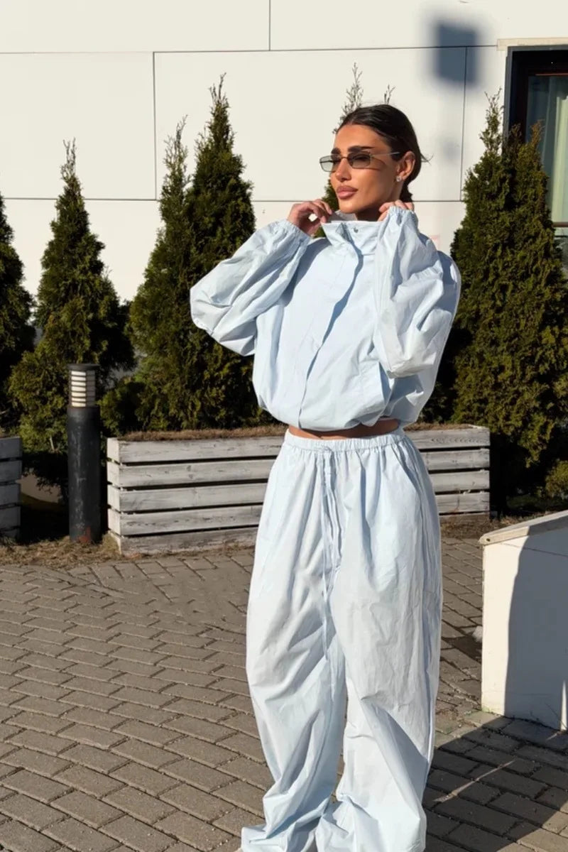 Lace Up Stand Collar Wide Leg Two Piece Set for Women