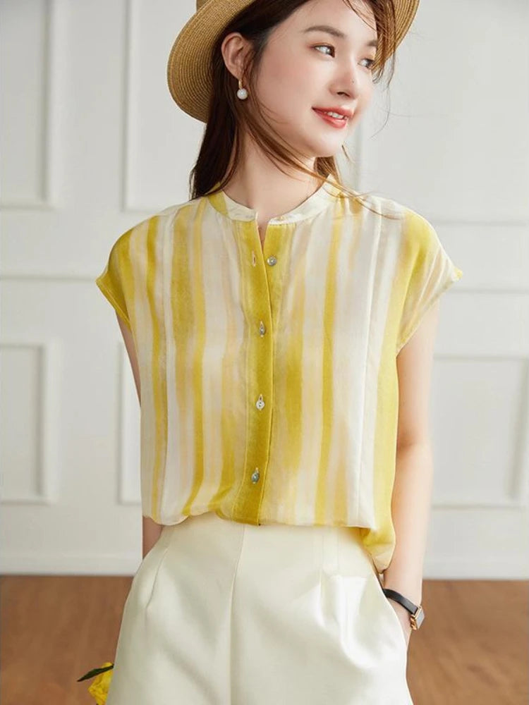 Women's Shirt and Blouse Chiffon Yellow Sleeveless Striped Female Tops Loose Summer Button Up Y2k Fashion Sale of Pretty Xl M