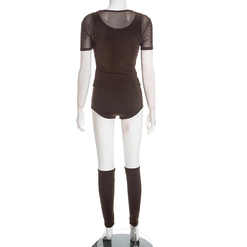 Sexy Mesh Patchwork Crop Top and Shorts Set for Women