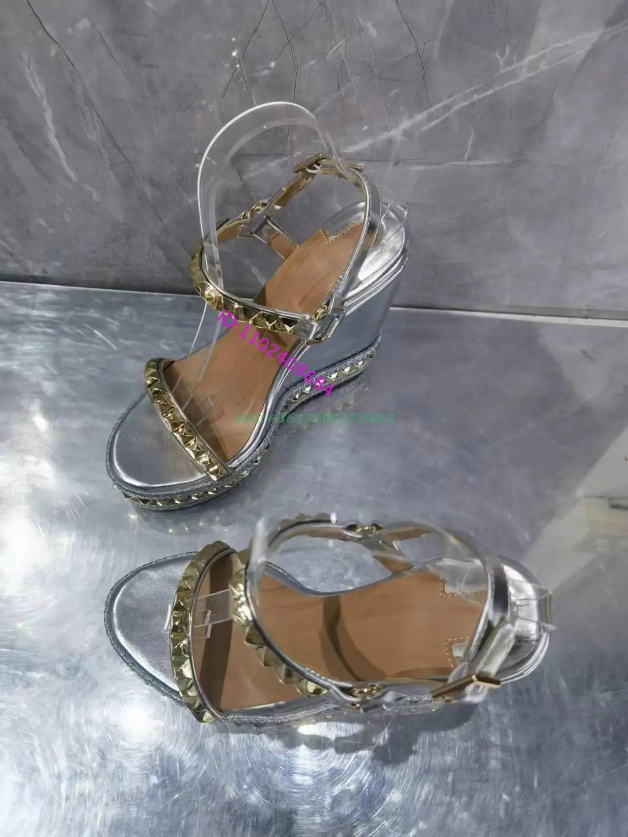 Design Women Summer Silver High Wedge Sandal Open Toe Gold Rivets Wedge Heel High Platform Slingback Buckle Strap Silver Sandal