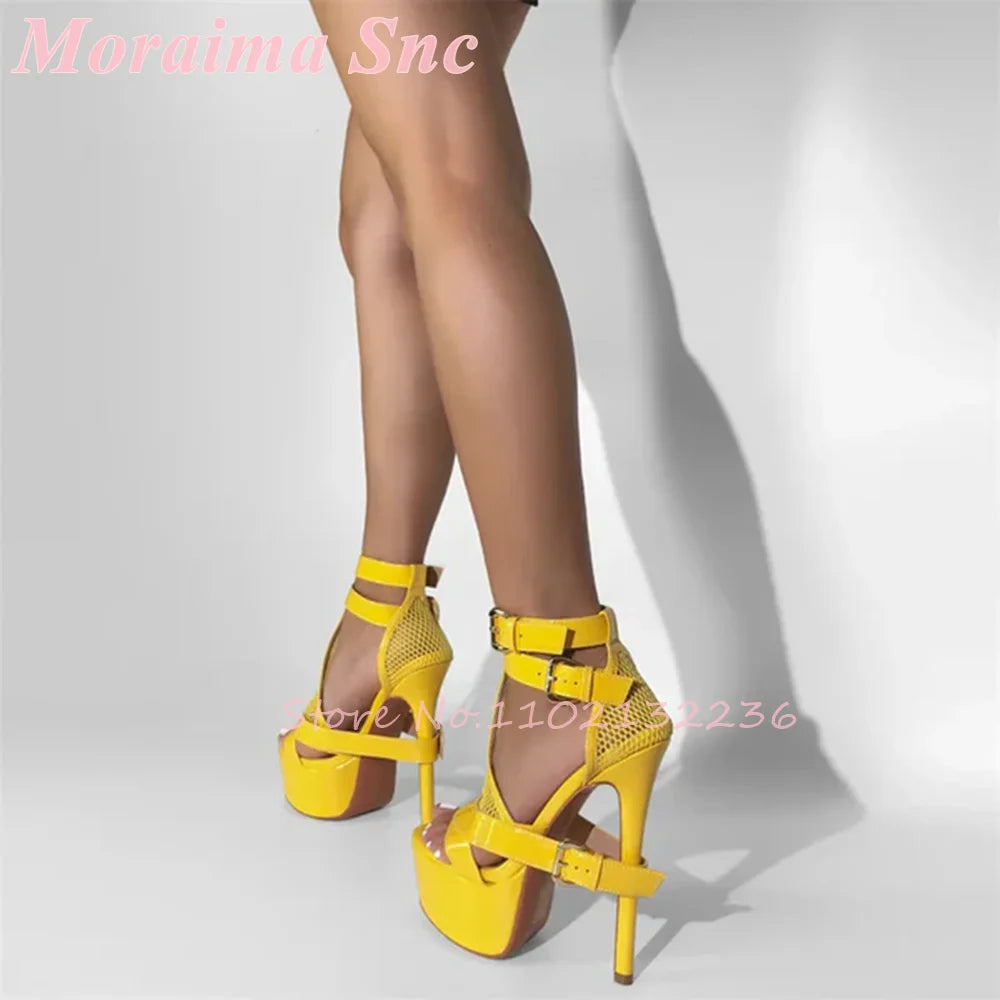 Mesh Cutout Patent Platform Sandals