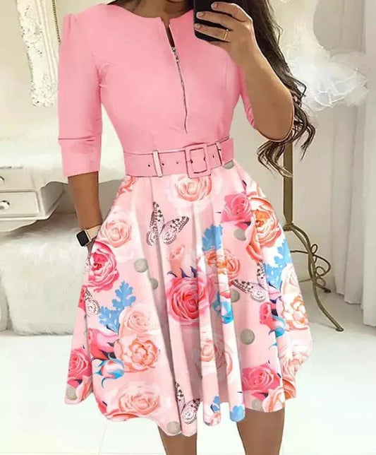 Elegant Dress for Woman Streetwear Zippered Medium with Waistband Long Sleeved Print Bodycon Dresses Y2k 2024 Autumn and Summer