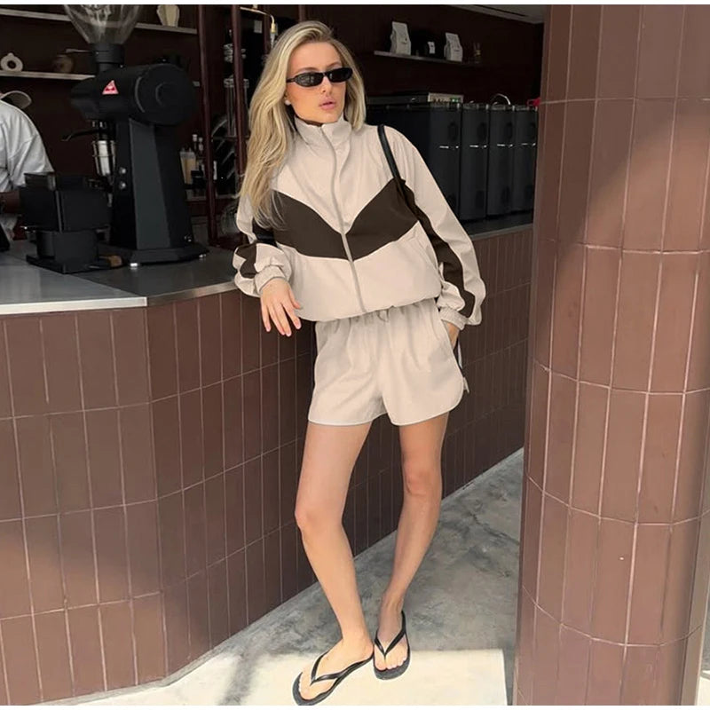 Color Block Zip Jacket and Shorts Tracksuit for Women