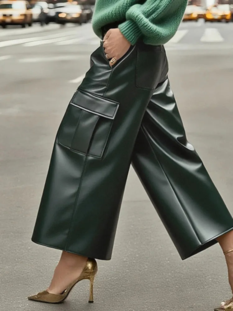 UOOZEE Women's PU Leather Pockets High Waisted Straight Leg Pants Fashion High Street Solid Color Casual Trendy Trousers Bottoms