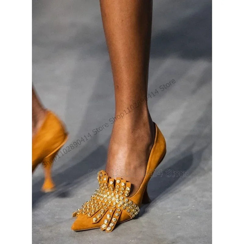 Yellow Rivet And Tassel Detail Pointed Toe Pumps For Women
