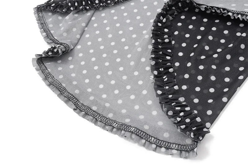 Cryptographic Summer Boho Polka Dot Split Ruched Dress Holiday Outfits for Women Sexy V Neck Backless Slip Mesh Dresses Clothes