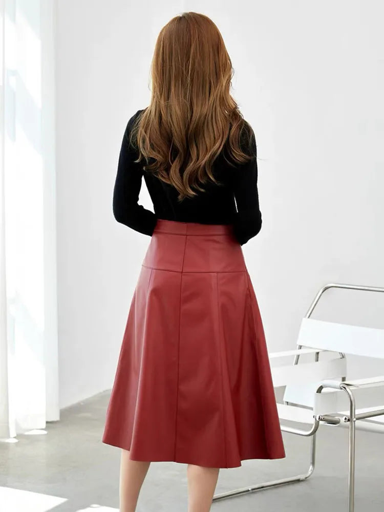 Long Skirts For Women 2025 New Korean Fashion High Waisted Genuine Leather Skirt Elegant A Line Casual Style Streetwear