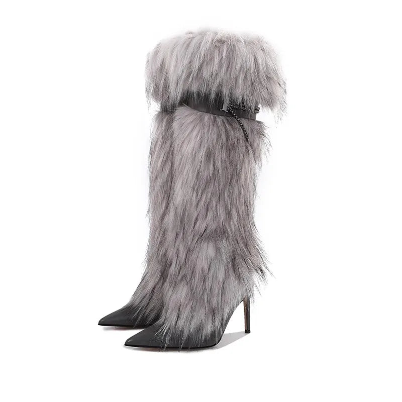 Elegant Faux Fur Knee High Stiletto Boots for Women