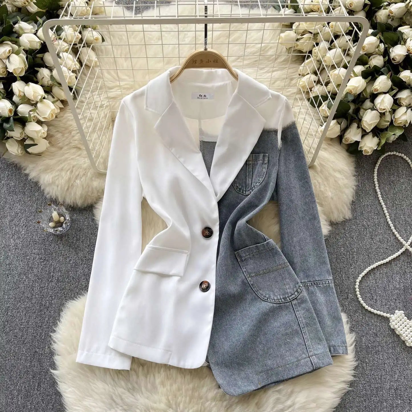 ANJY Autumn New Women Vintage Streetwear Ins Stylish Denim Patchwork Single Breasted Coat Casual Elegant Asymmetric Blazer A8421