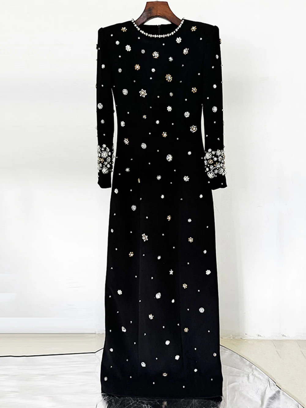 Modphy High-Quality Shiny Diamond Bead Slim Formal Maxi Dress Women'S Long Sleeved O-Neck Elegant Celebrity Evening Runway Gowns