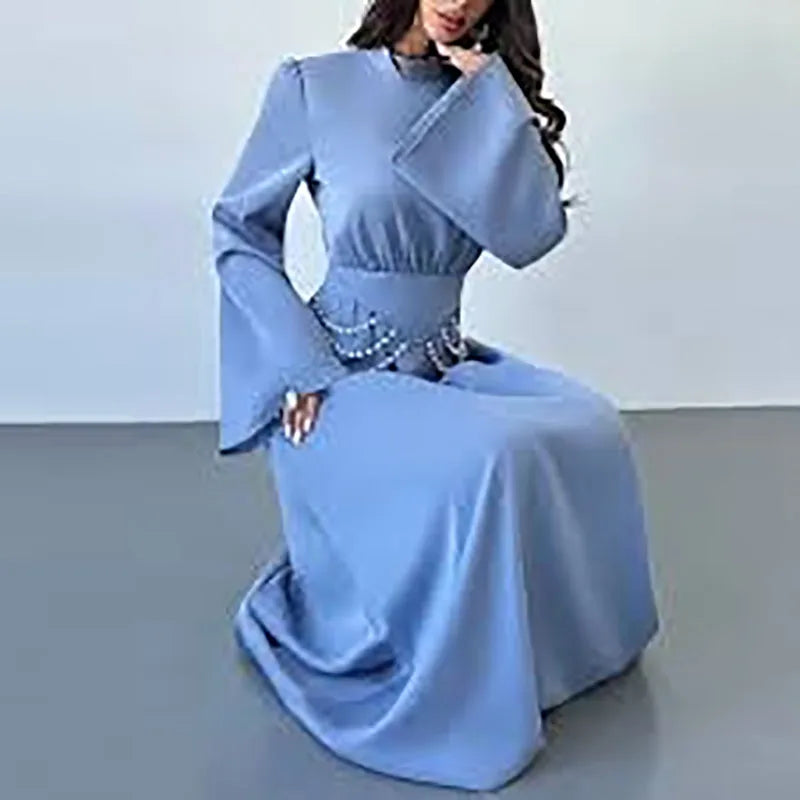 Women Fashion Hight Waist Solid Evening Dress Casual Long Sleeve Slim Party Dresses New Stand Collar Beading Chain Banquet Dress