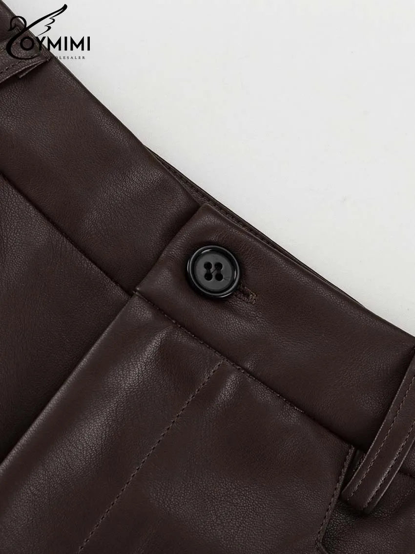 Oymimi Vintage Brown Pu Leather Skirts For Woman Elegant High Waisted Straight Skirts Casual Simple Ankle-Length Skirt Female