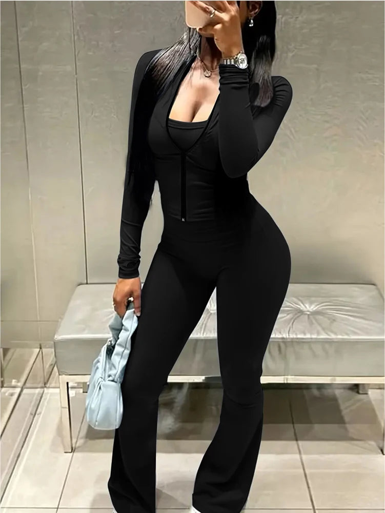 Zip Up Crop Top and High Waist Pants Tracksuit Set for Women