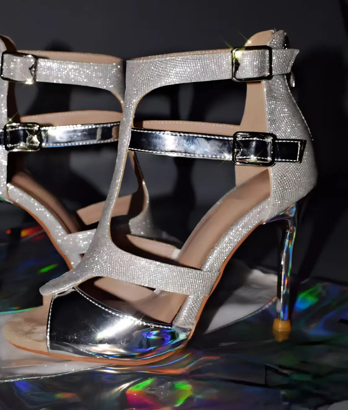 Silver Glitter Strappy Heel Sandals