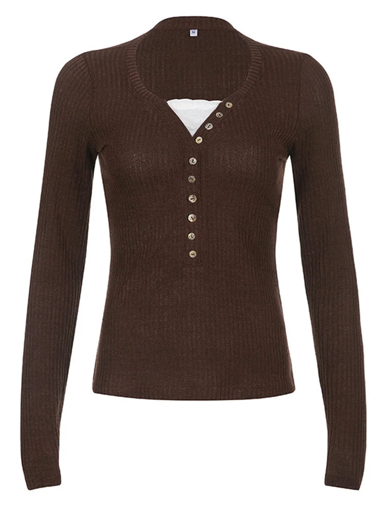 Button Front Lace Patchwork Slim Fit Knit Top for Women