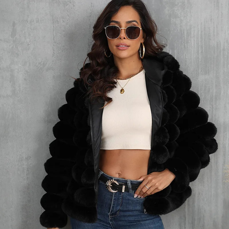 Warm Hooded Short Faux Fur Coat With Turn Down Collar for Women