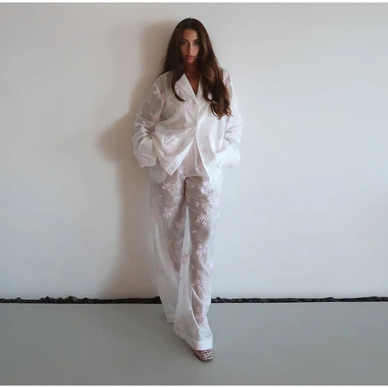 Sheer Casual Shirt and Wide Leg Pants Set for Women