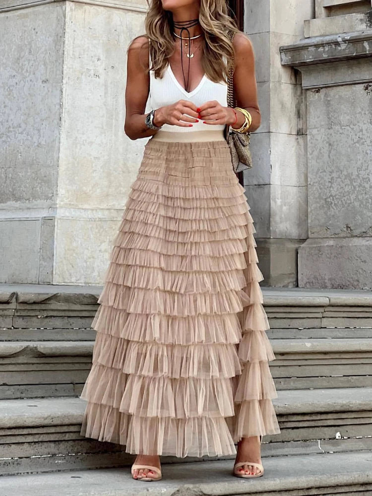 HOUZHOU Solid Multilayer Ruffle Mesh Skirt Women Boho High Waist Long Maxi Tulle Skirt Spring Summer Party Women's Clothing