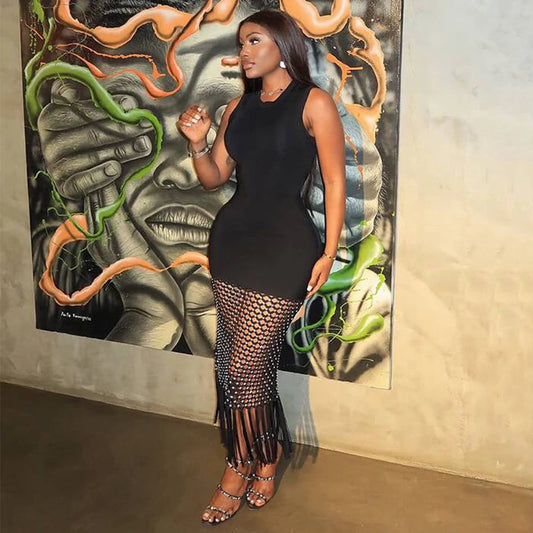 Sleeveless Beaded Tassel Bandage Dress