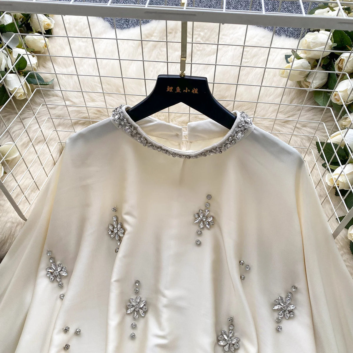 Elegant Beaded Satin Batwing Sleeve Blouse for Women
